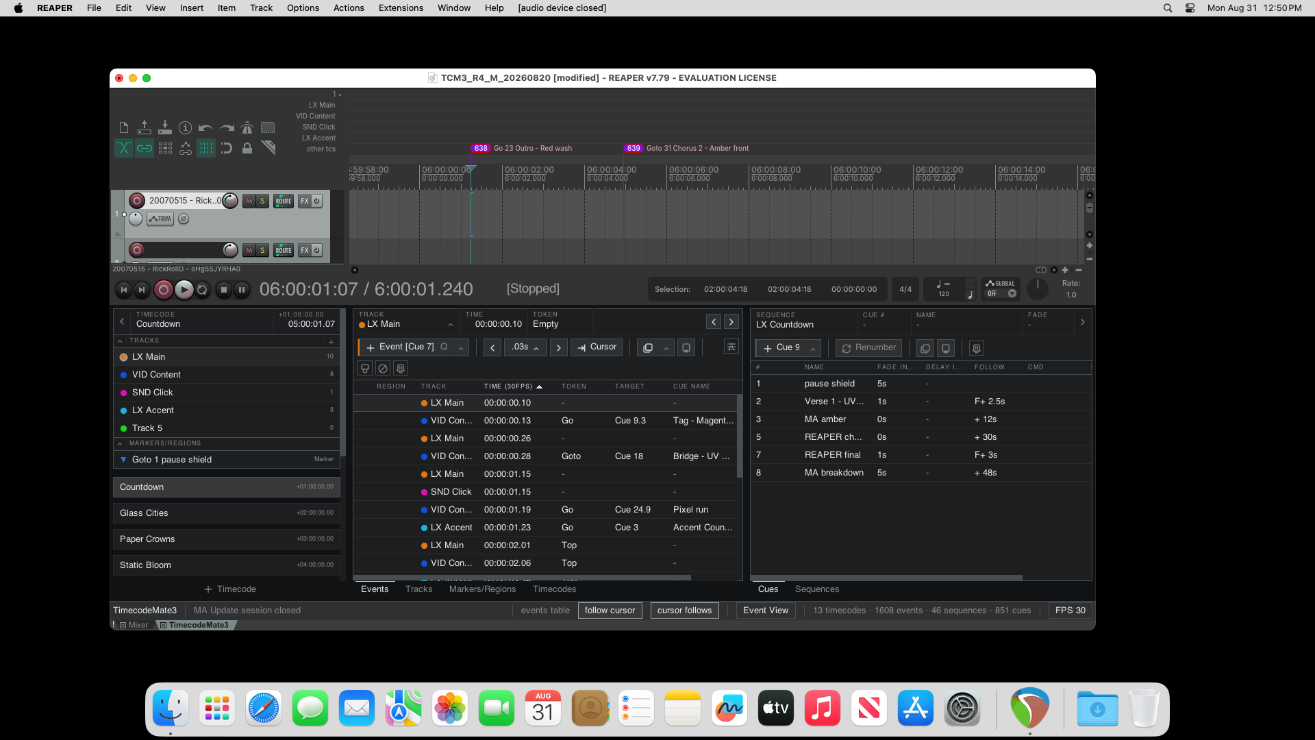 TimecodeMate3 в macOS: таблицы событий и кью рядом с таймлайном REAPER
